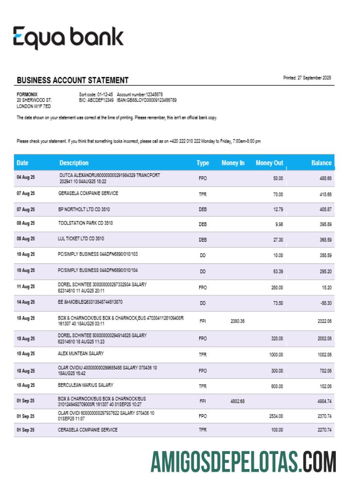 Realista Equabank Bank Firm modelo de extrato de conta Word e PDF